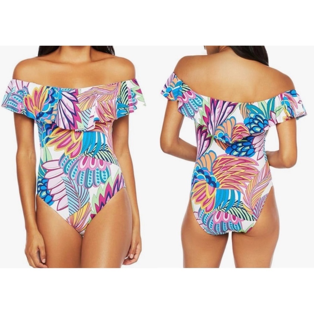 Trina Turk Paradise Plume Ruffle Off The Shoulder One-Piece Swimsuit